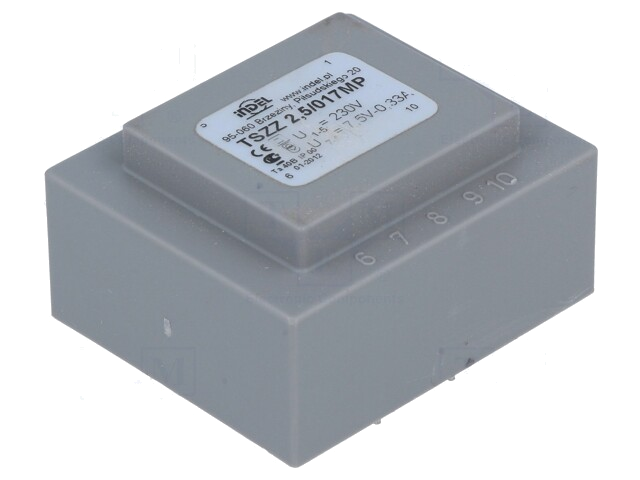 Transformator: ingegoten; 2,5VA; 230VAC; 7,5V; 333mA; PCB; IP00 Transformator: ingegoten; 2,5VA; 230VAC; 7,5V; 333mA; PCB; IP00